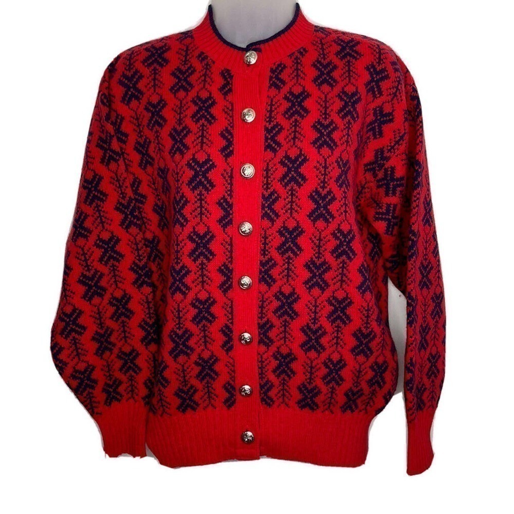 VINTAGE Fall River Wool Blend Cardigan ￼Sweater Womens Medium Red Blue Snowflake